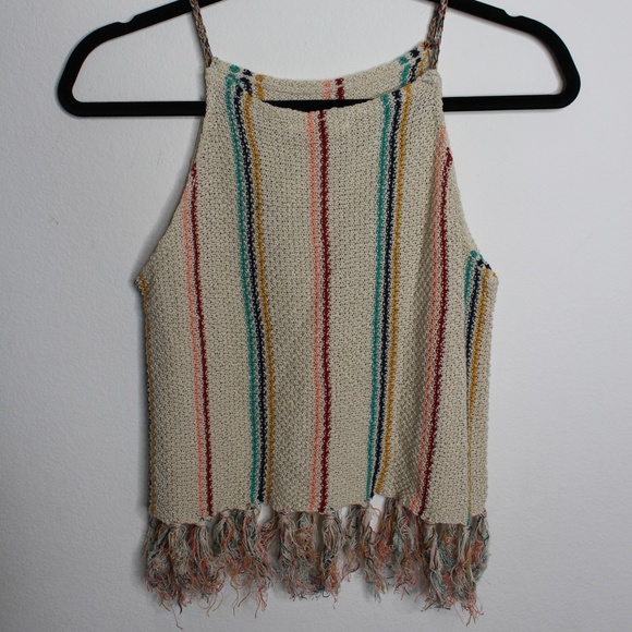COCO & Jaimeson Beige Colorfull Stripped Fringe Open Weave Neck Knit Tan… - Picture 1 of 5